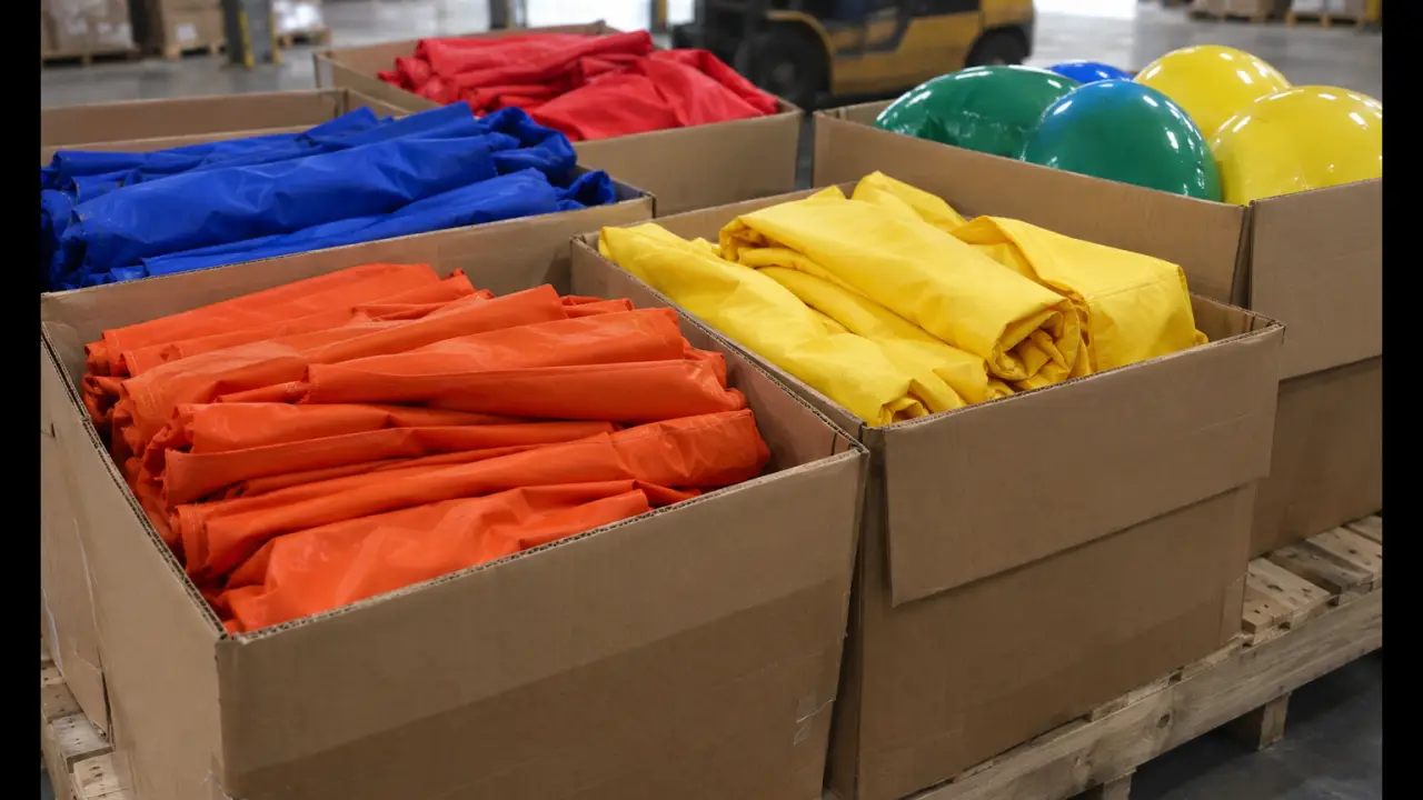 Folded advertising inflatables packed in boxes at a distribution warehouse