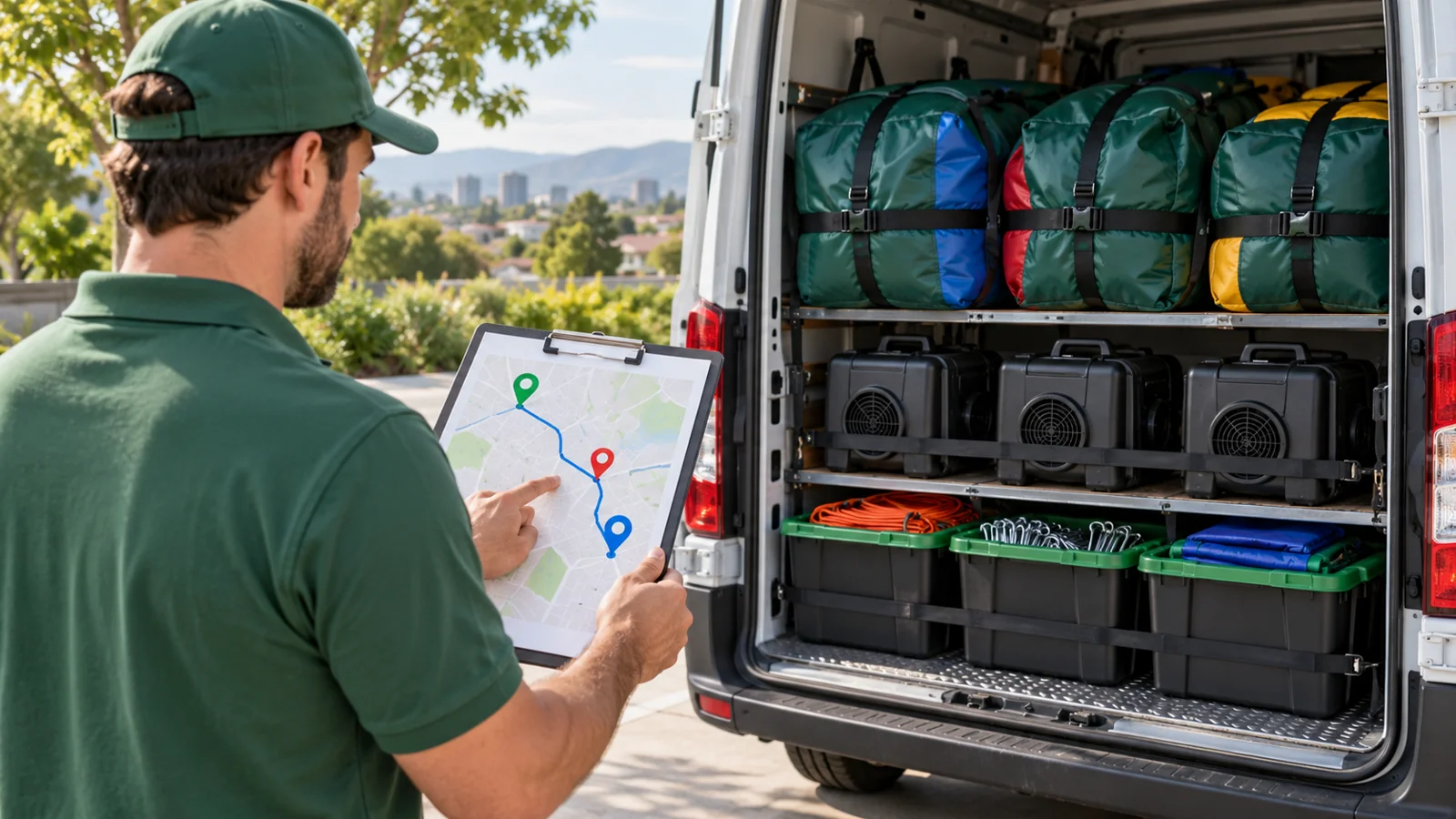 Concept illustration of rental route planning beside a loaded delivery van